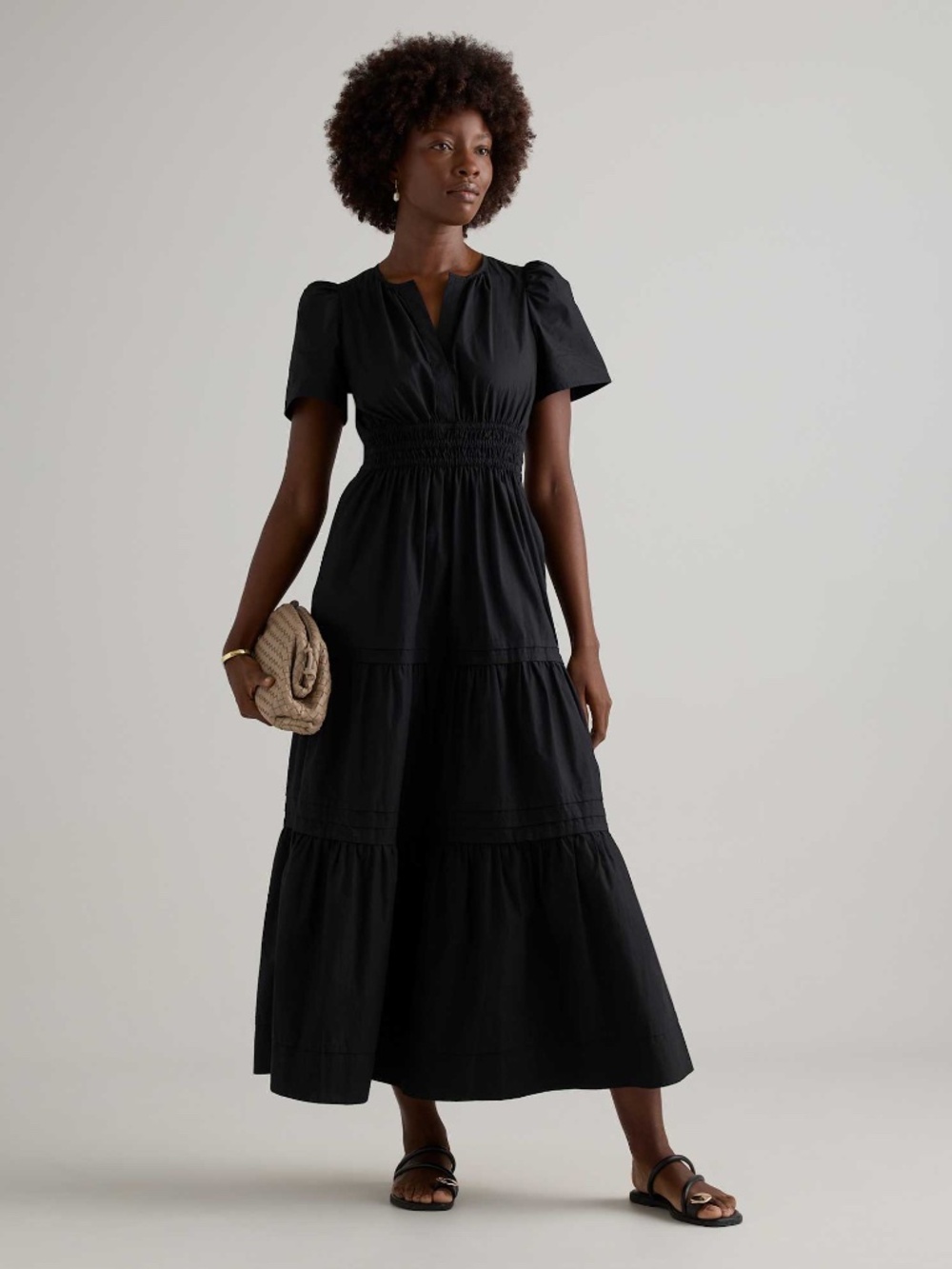 Quince Black V-Neck Tiered Maxi Dress with Puff Sleeves